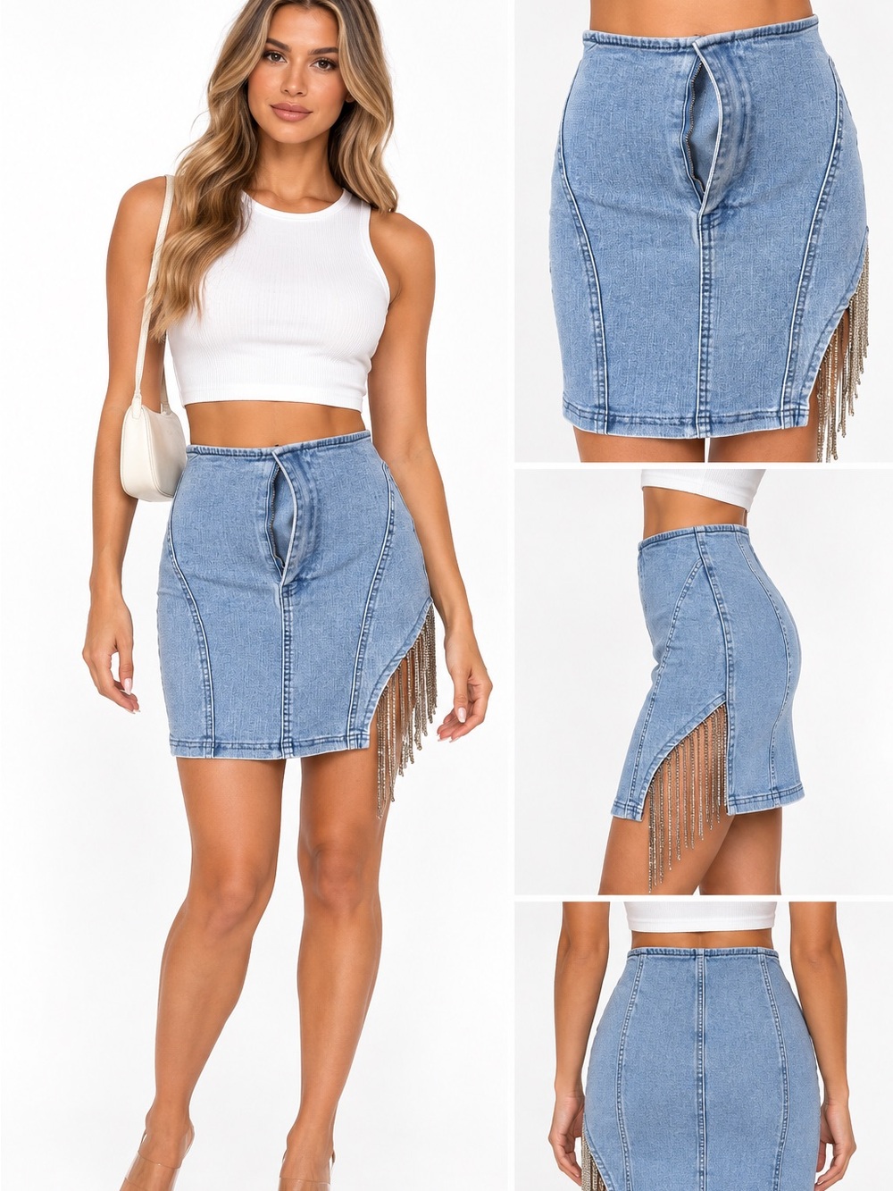 Dolls Kill No Vacancy Rhinestone Fringe Denim Skirt Y2K Size M
